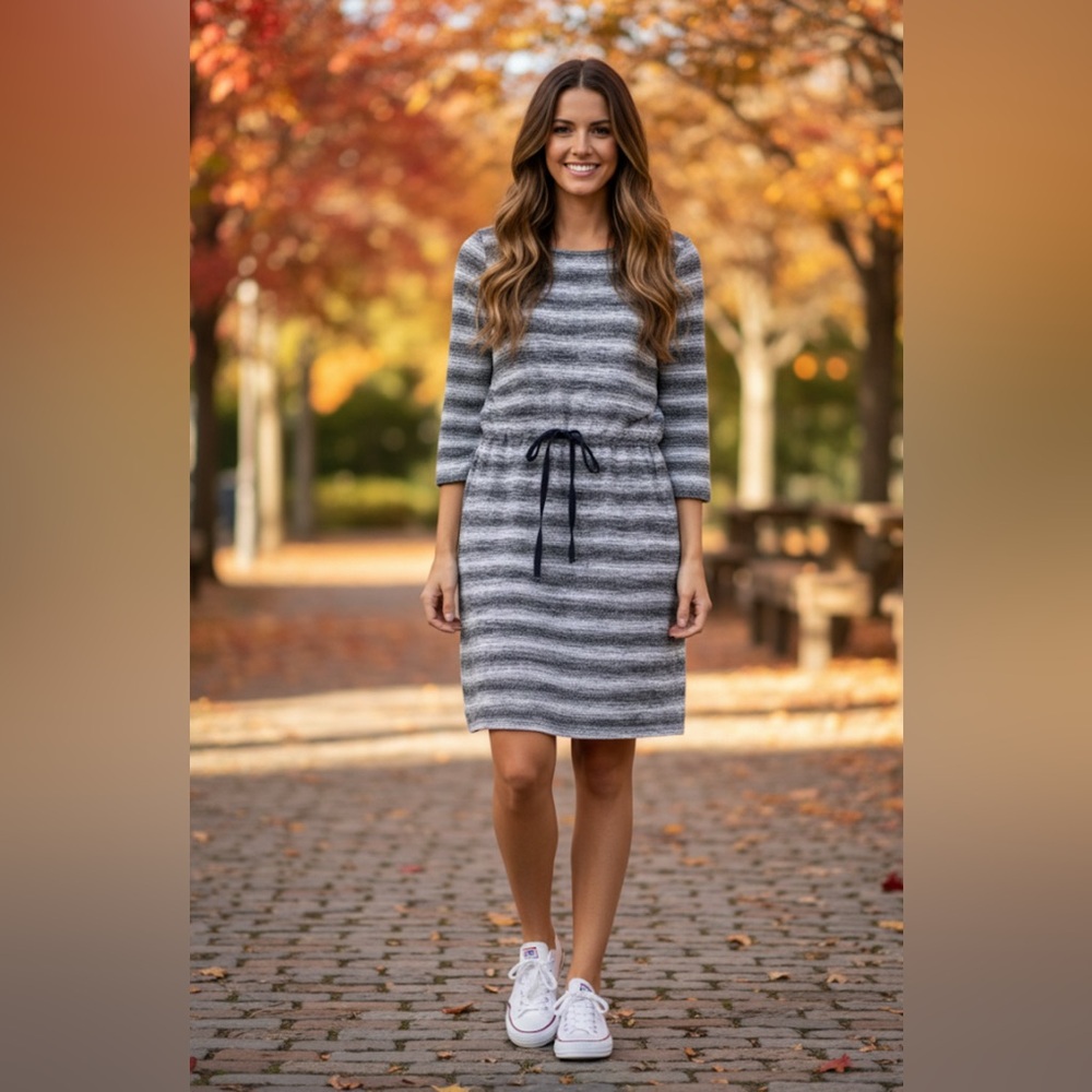 Ann Taylor 3/4 Sleeve Dress Striped Black and White Drawstring Waist Size Medium